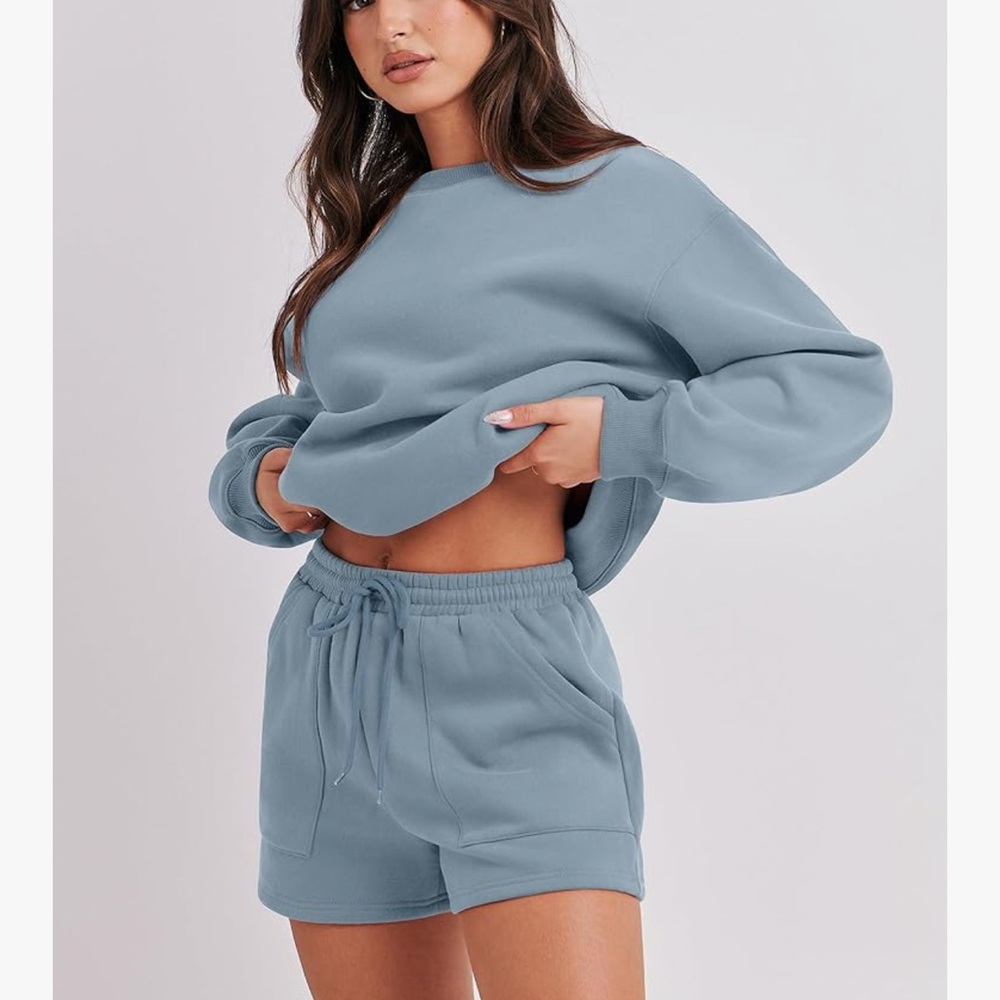 ANRABESS Blue 2 Piece Lounge Set XL Oversized Sweatshirt Shorts Matching Set - Picture 3 of 9
